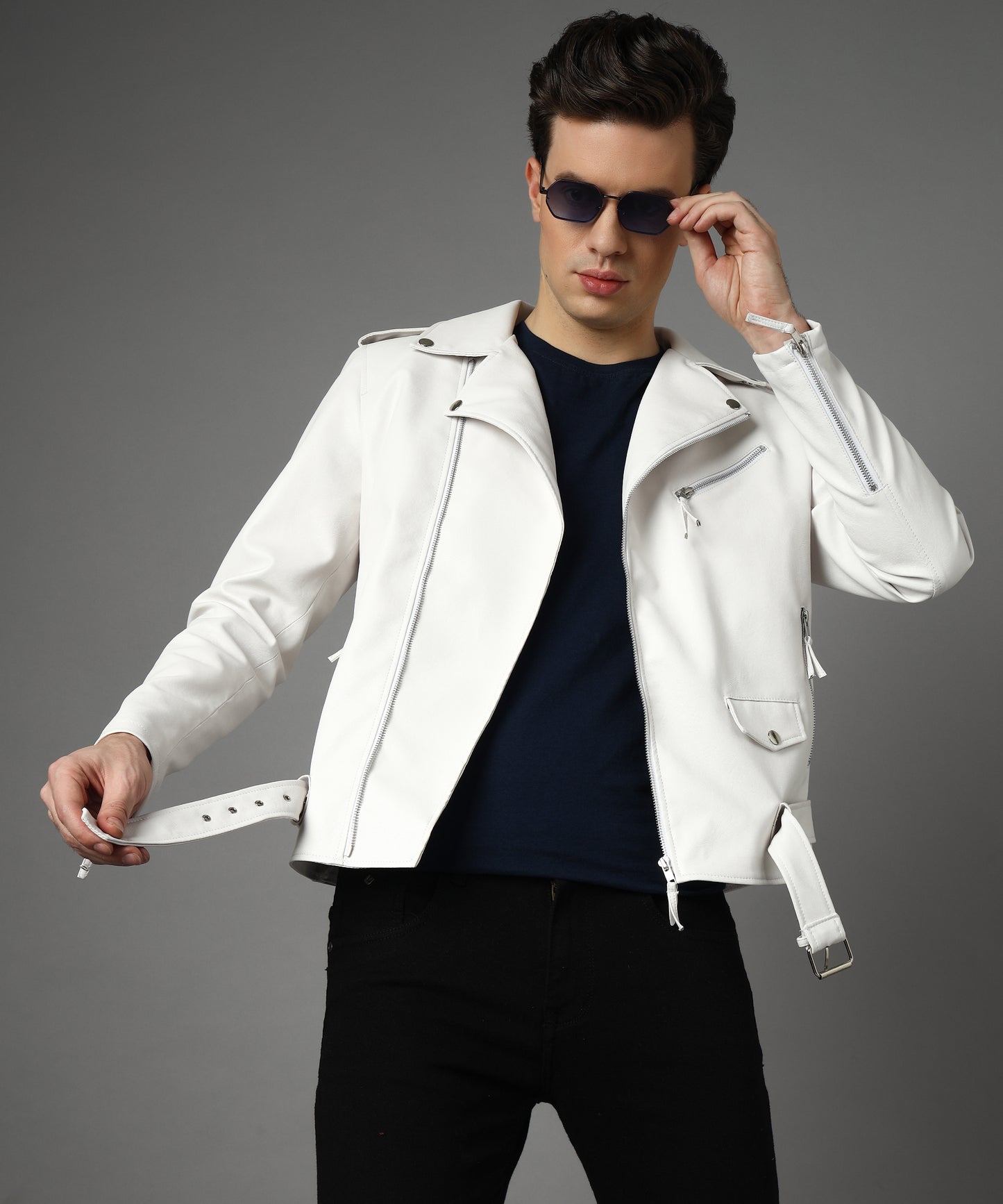 IceScent Elite Men Rider Jacket White zipper With Belt Design