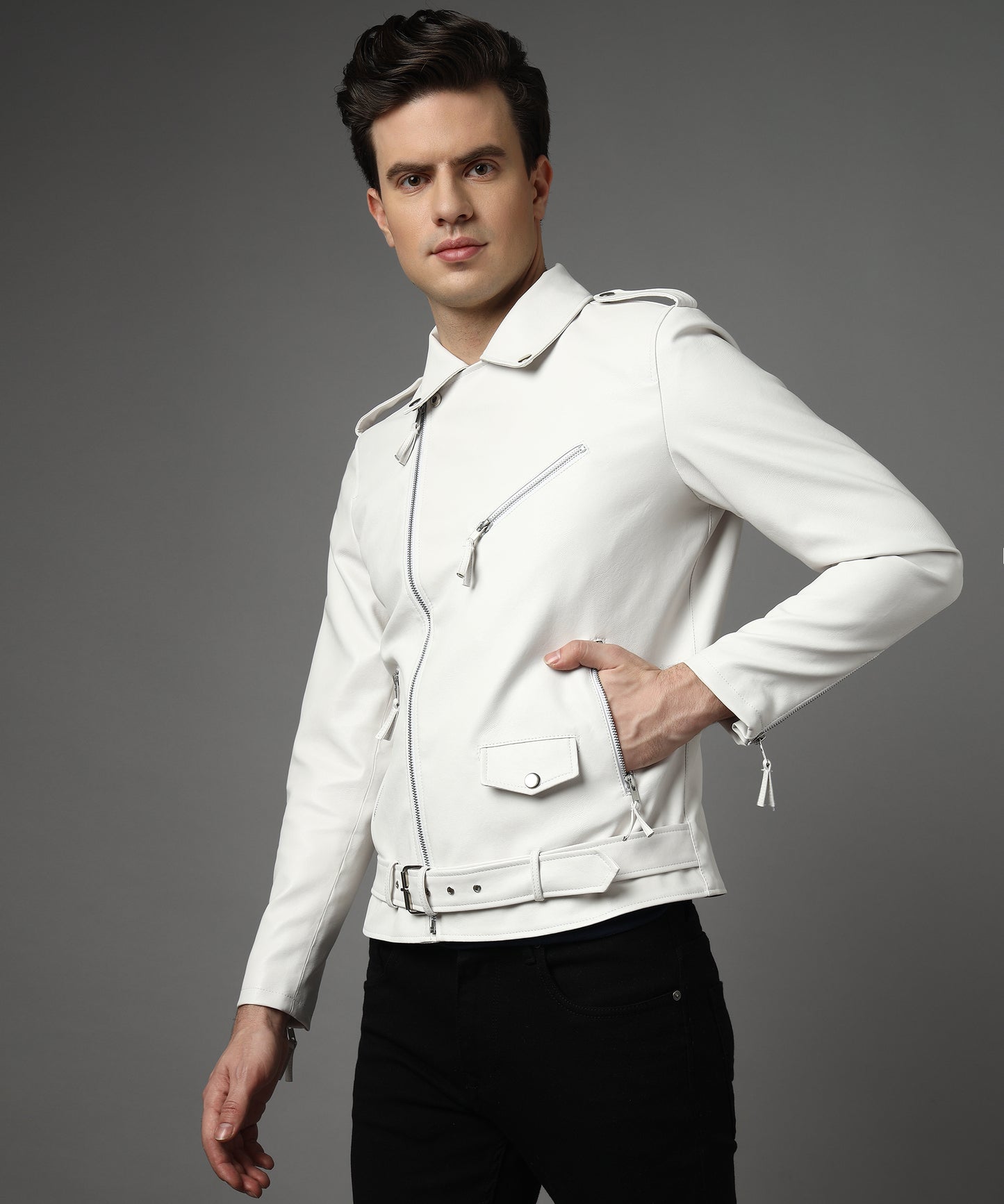 IceScent Elite Men Rider Jacket White zipper With Belt Design