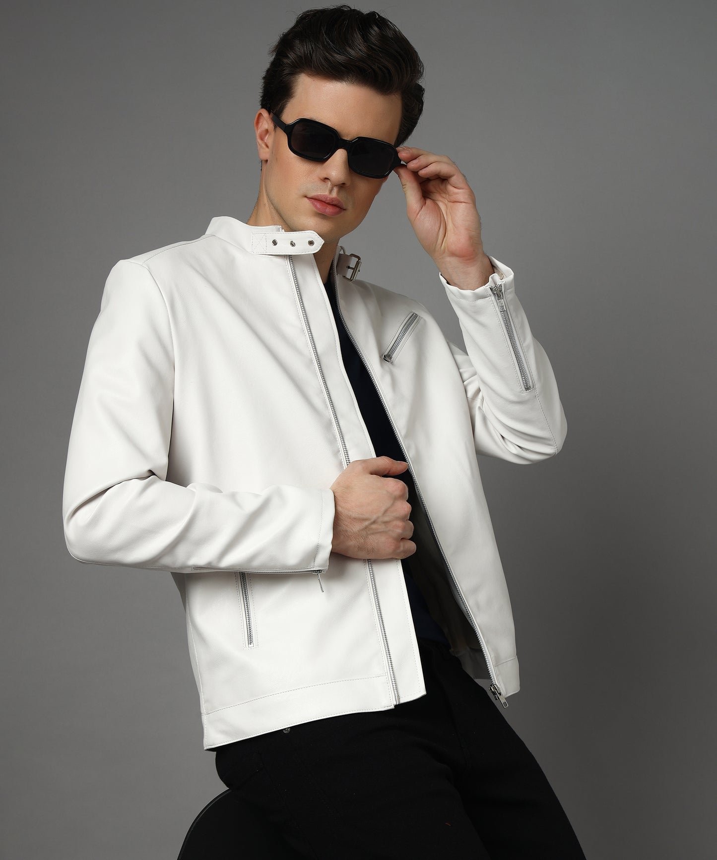 Snowflake Men Straight collar Belt Jacket White