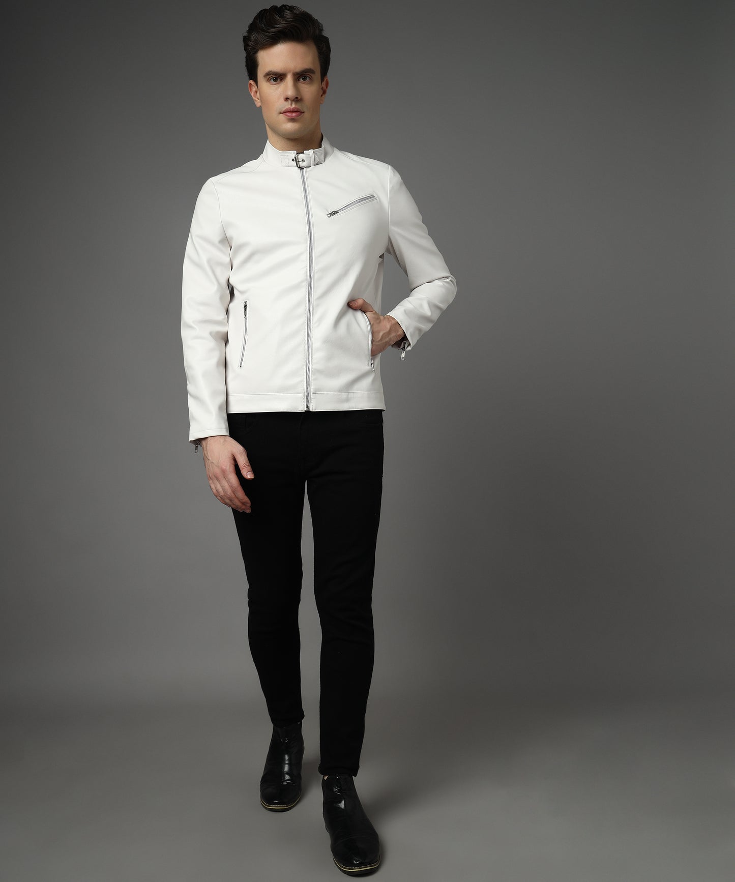 Snowflake Men Straight collar Belt Jacket White