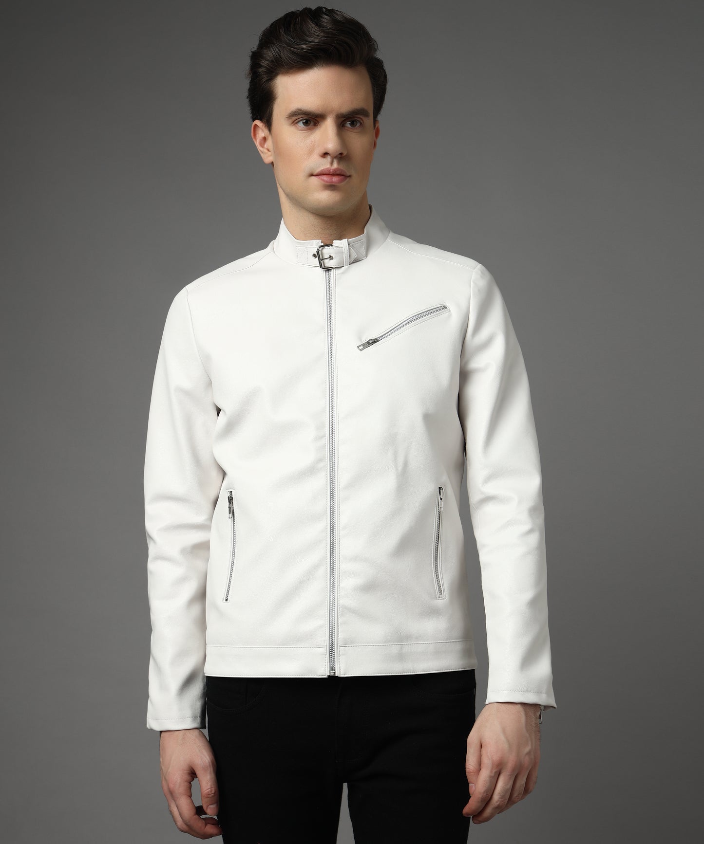 Snowflake Men Straight collar Belt Jacket White