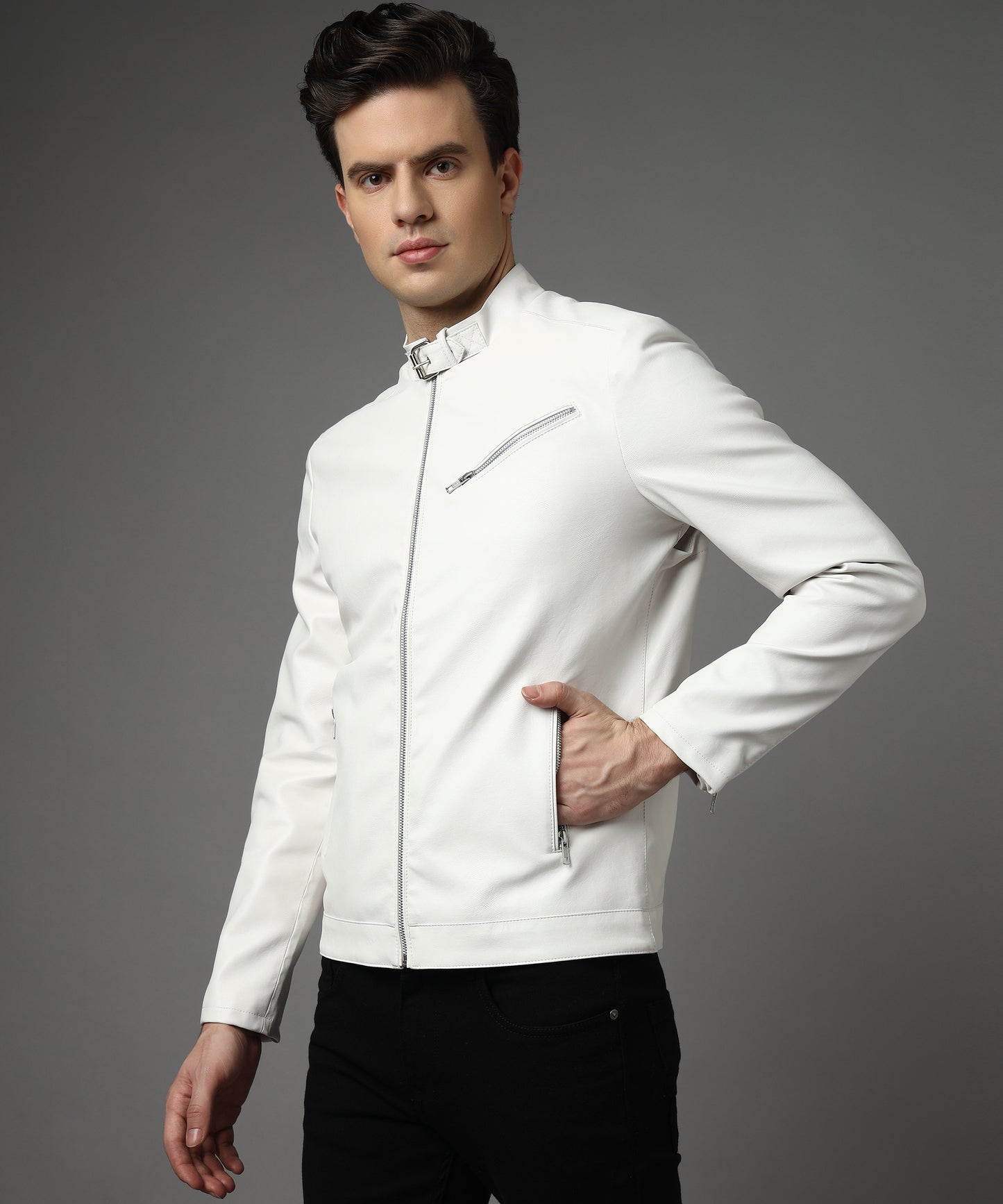 Snowflake Men Straight collar Belt Jacket White