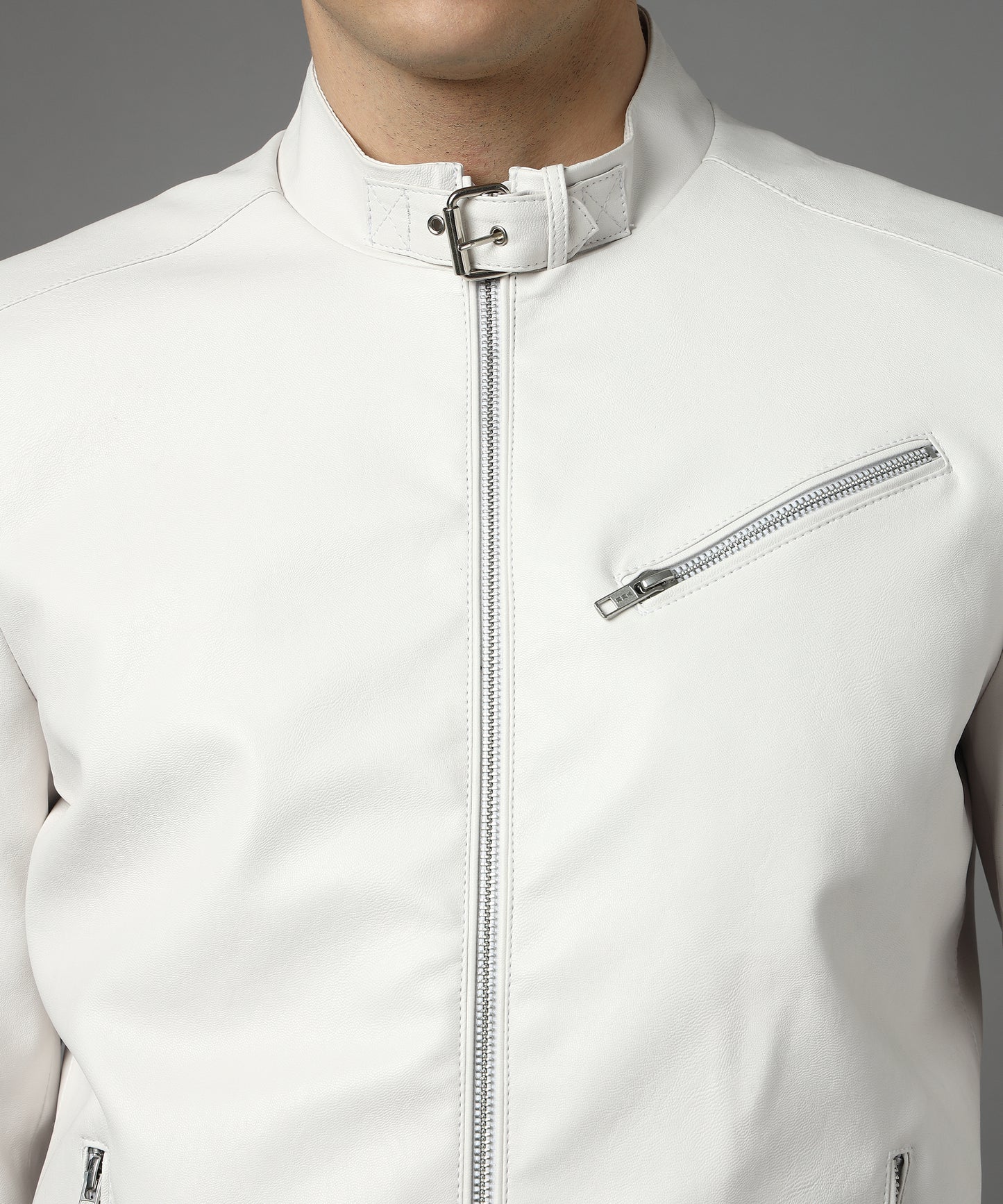 Snowflake Men Straight collar Belt Jacket White