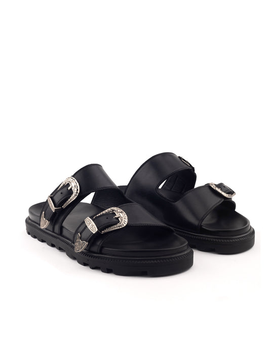 FAENTINI DUST THE COW BOY DOUBLE BUCKLE BLACK SLIDER
