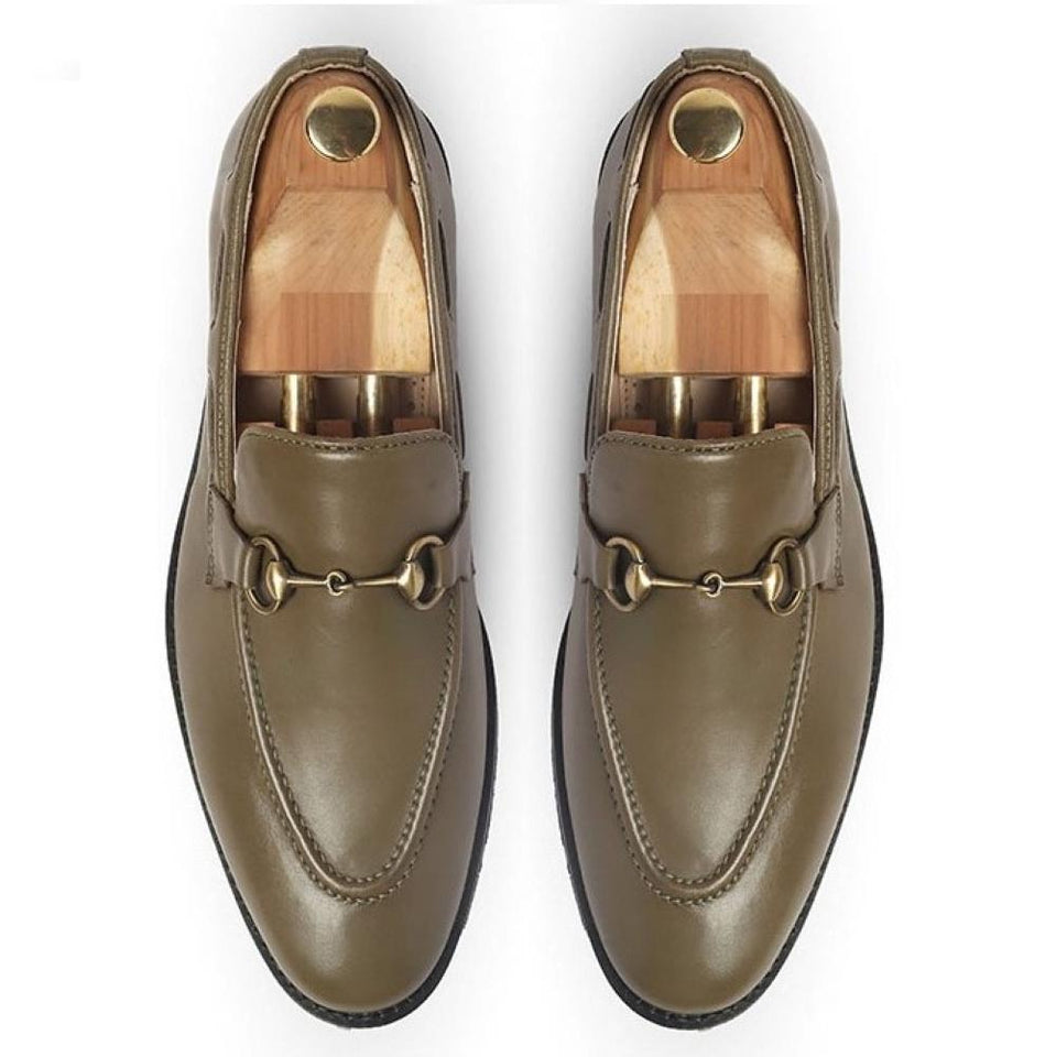 TAQUILA LORENZO OLIVE BELARUS IMPORTED CRUST LEATHER LOAFERS WITH HORSEBIT