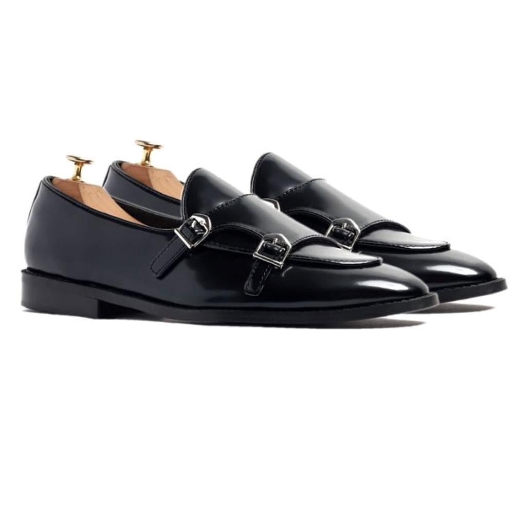 Tangerine Brushed Black Belgian Batwing Double Strap Monk Shoes For Men